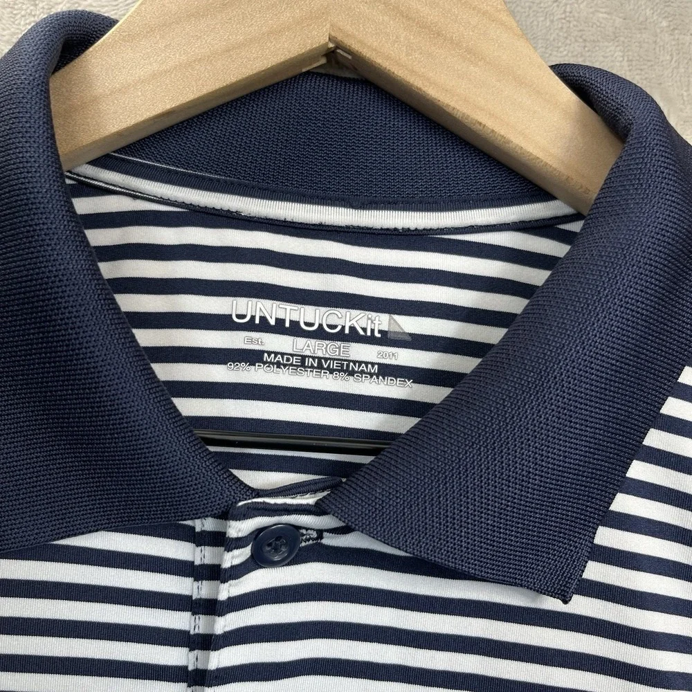 Untuckit Shirt Mens L Polo Blue White Striped Golf Performance Short Sleeve